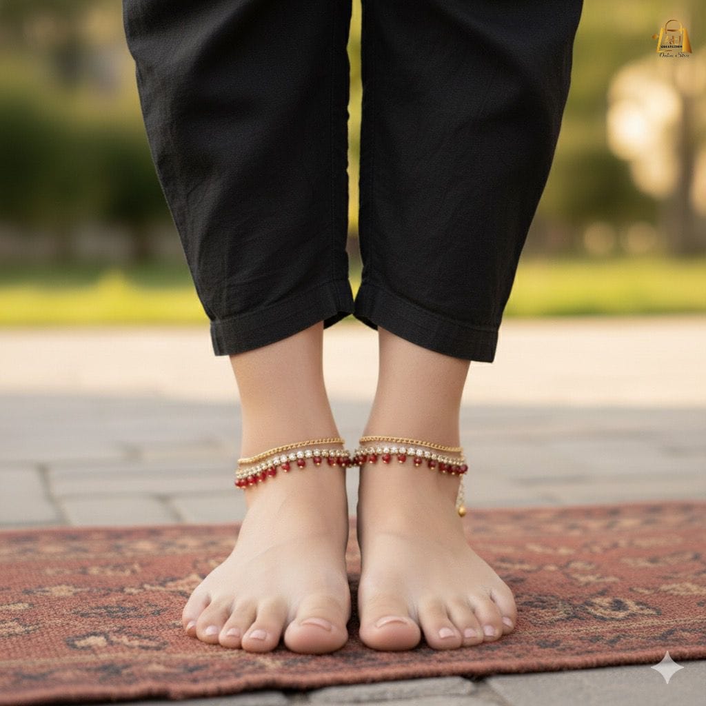 Traditional Gold-Plated Anklet with Red Beads – Elegant Payal for Womens/Girls