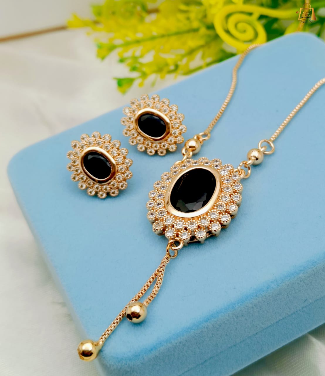 Black Oval Stone Zircon Necklace Set – Jewelry Set for Women