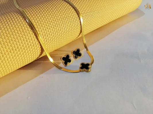 Black Clover Necklace With Earrings – Elegant Chain for Women